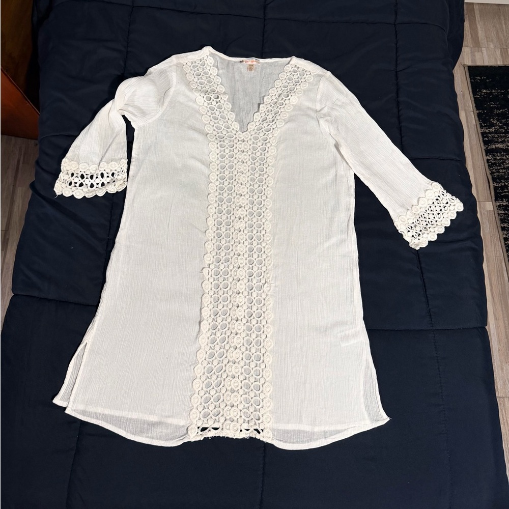 White Crochet Trim Tunic Dress